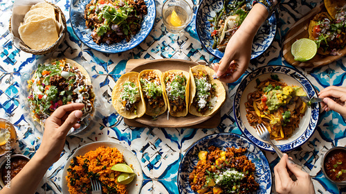 Photos A table with various mexican dishes and hands reaching for food