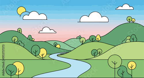 Cartoon-style illustration of a sunny landscape with rolling hills