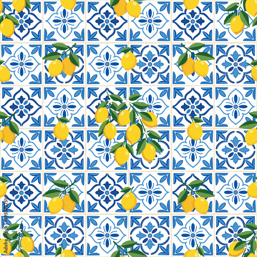 Φωτογραφία Seamless pattern with lemons and blue mediterranean ceramic tiles azulejo