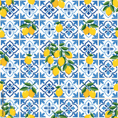Φωτογραφία Seamless pattern with lemons and blue mediterranean ceramic tiles azulejo