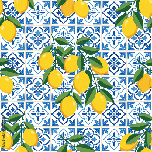 Seamless pattern with lemons and blue mediterranean ceramic tiles azulejo