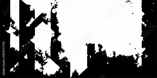 Abstract vector illustration of a man and woman silhouette standing against a dark urban city skyline with grunge architecture and a black house pattern