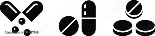 Pill icon set, medicament and pharmaceutical symbols for healthcare medicine drug treatment and medical design elements.
