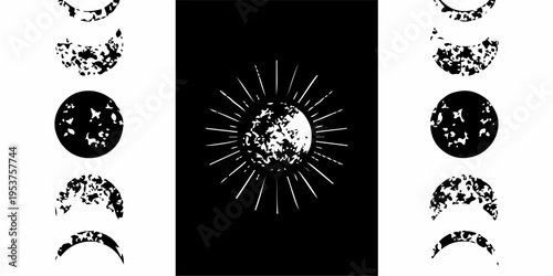 A set of vintage vector silhouettes featuring black floral patterns, trees, and nature ornaments designed as decorative art elements for a grunge tattoo or card symbol