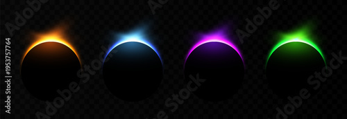 Solar or lunar eclipse with bright flare. Realistic solar or lunar eclipse PNG. Phases of a solar eclipse. Natural phenomenon.