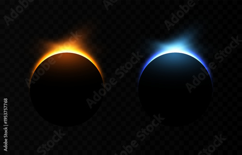 Solar or lunar eclipse with bright flare. Realistic solar or lunar eclipse PNG. Phases of a solar eclipse. Natural phenomenon.