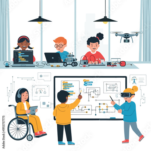 Children exploring technology, robotics, VR, and coding in a classroom setting