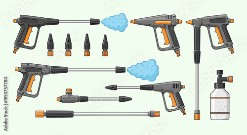 Pressure washer spray gun set with nozzles and foam bottle