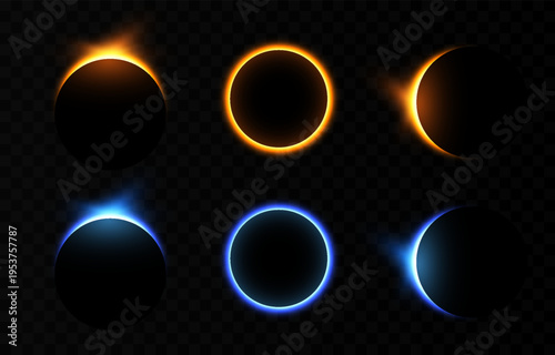 Solar or lunar eclipse with bright flare. Realistic solar or lunar eclipse PNG. Phases of a solar eclipse. Natural phenomenon.