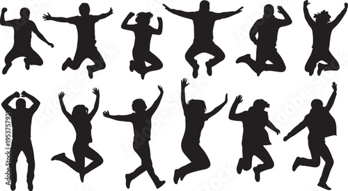 Silhouettes of people jumping in various joyful happy poses