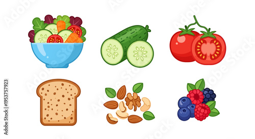 Healthy food icons with vegetables fruits nuts and bread on white background