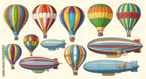 Vintage hot air balloon and zeppelin set in retro travel style