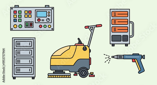 Industrial cleaning station with cabinet scrubber and tools