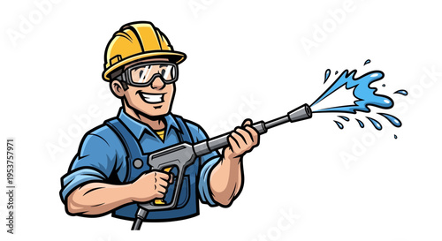 Worker holding pressure washer spray gun with water splash
