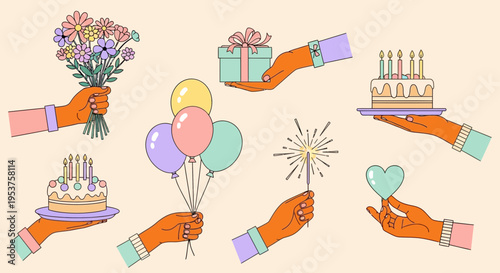 Celebration hands set with flowers cake balloons gifts and sparkler