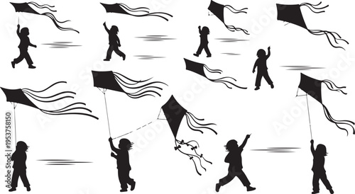 Children Silhouettes Flying Kites in the Windy Sky Freely