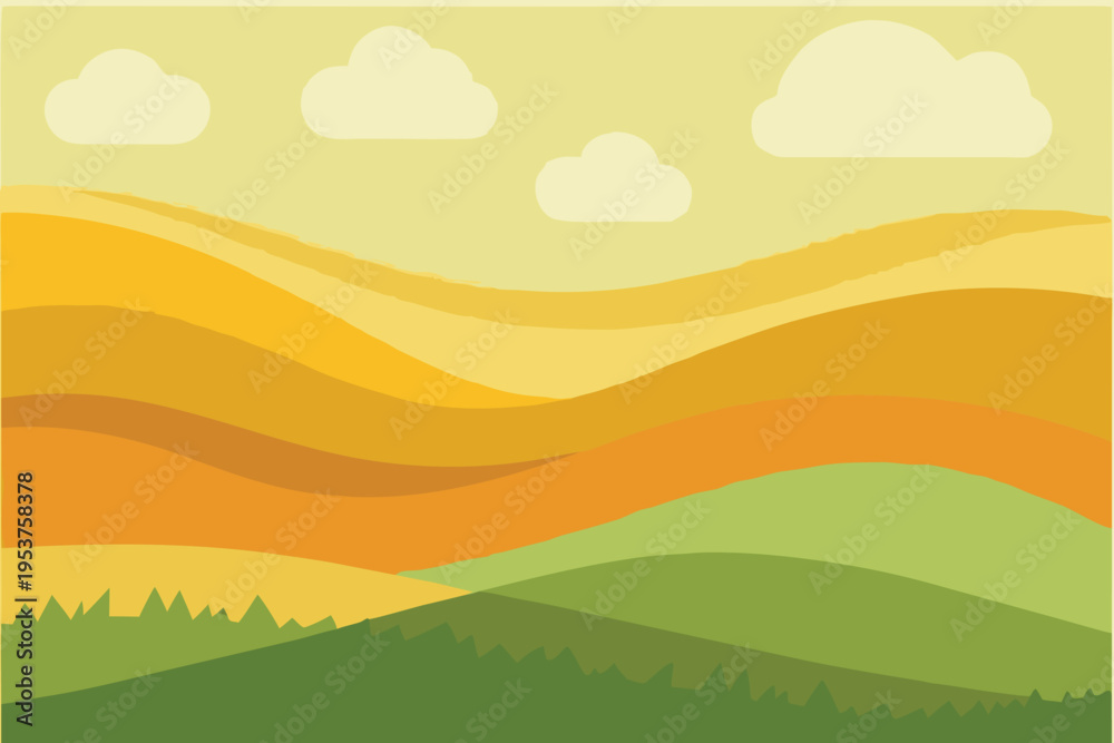 Obraz premium Stylized landscape illustration with rolling hills and a cloudy sky
