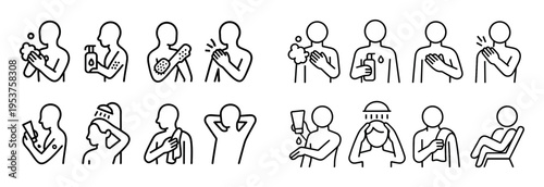 Hygiene icons with soap towel shower outline glyph