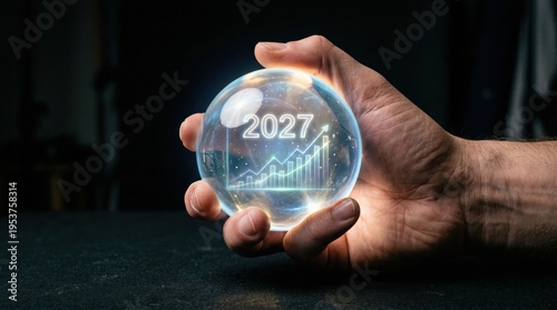 Hand holding crystal ball with 2027 upward bar chart. Investment planning concept.