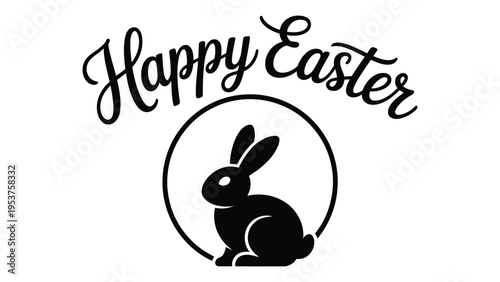 Happy Easter elegant script calligraphy with bunny silhouette in circle frame on white background, minimalist holiday greeting vector illustration.