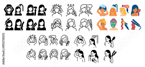 Beauty icons with woman hairdryer comb flat colorful