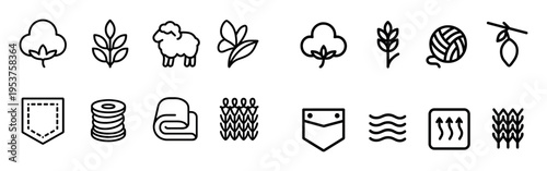 Textile icons with cotton sheep yarn leaf outline