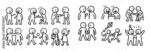 Friendship icons with handshake hug playful outline