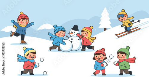 Children joyfully engaging in various winter activities like building a snowman, ice skating, skiing, and playing snowball fights on a snowy day.