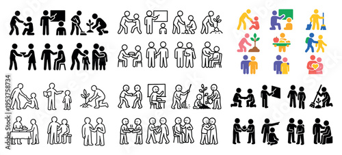 Community icons with people group meeting outline flat