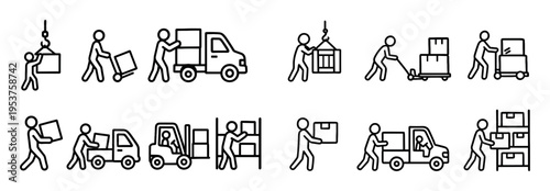 Logistics icons with worker truck box outline