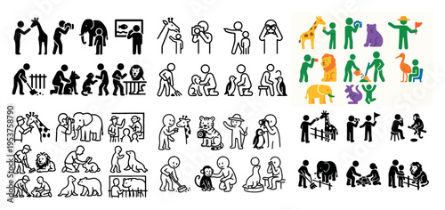 Zoo icons with giraffe lion keeper playful