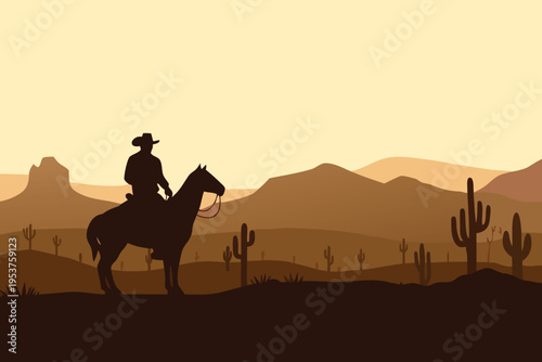 Silhouette of a cowboy riding a horse in a desert landscape
