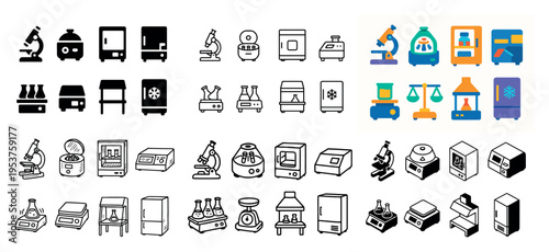 Laboratory icons with microscope centrifuge freezer flat