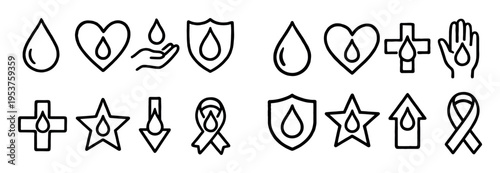 Care icons with drop heart shield outline