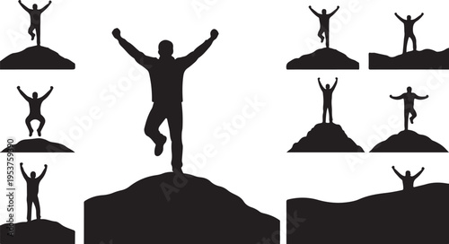 Silhouette of a man standing on a mountain peak triumphantly