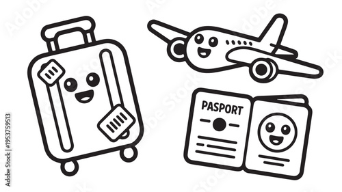 Cartoon travel icons with smiling faces for tourism and adventure concepts