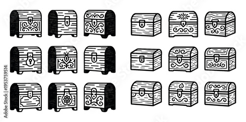 Treasure icons with chest box trunk engraved