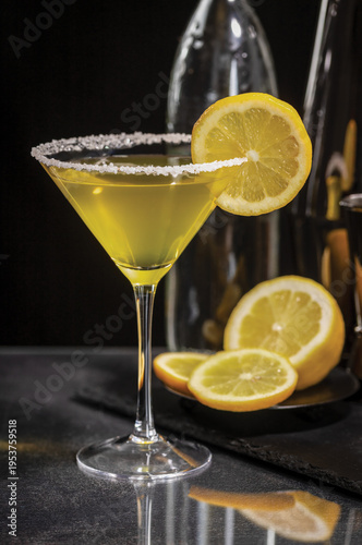 Lemon drop martini with sugar rim and lemon slice