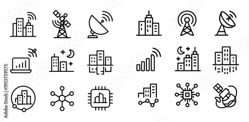 Network icons with tower satellite city minimal outline