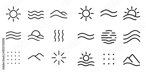 Nature icons with sun wave mountain minimal outline
