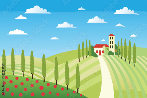 Rolling hills and a quaint red roofed house in tuscany