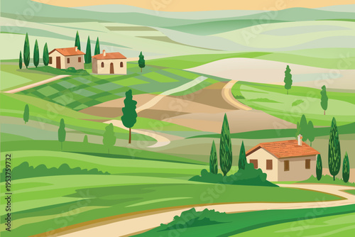 Rolling hills of tuscany with traditional italian farmhouses