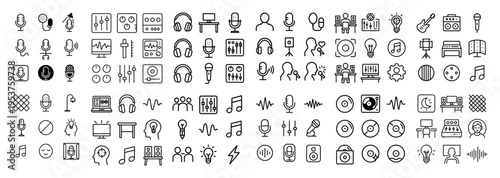 Audio icons with microphone headphone speaker outline