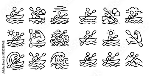 Outdoor icons with kayak and wave outline