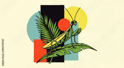 A vibrant and modern illustration featuring a praying mantis perched on a green leaf amidst abstract geometric shapes and tropical foliage