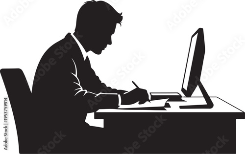 Businessman working on computer and taking notes seriously