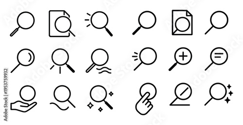 Search icons with magnifier hand outline