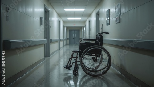 A wheelchair sits alone in the hallway of an institutional building, evoking a sense of stillness. The image is evocative of abandonment, solitude, and uncertainty. 