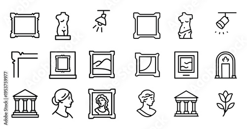 Museum icons with frame statue spotlight outline
