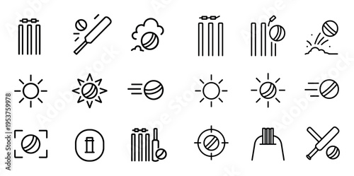 Sports icons with bat ball stumps outline